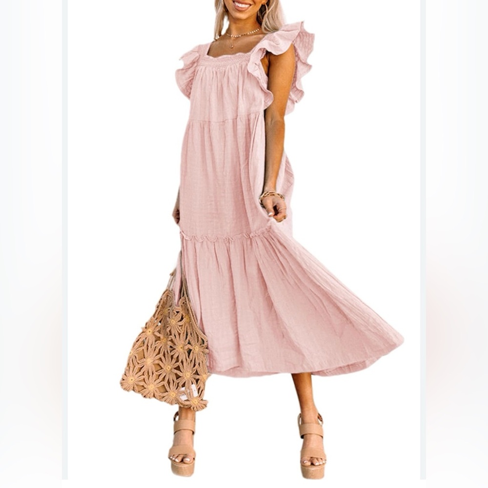 Pink Off-Shoulder Dress w/ Short Ruffled Cap Sleeve